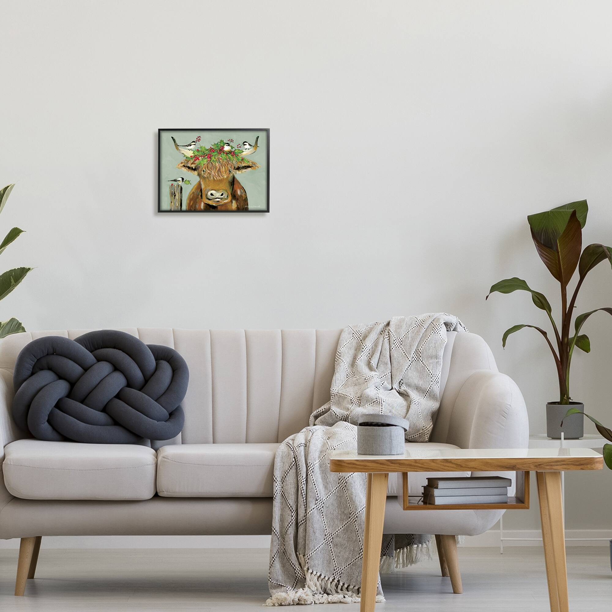 Stupell Industries Cattle & Birds Holiday Holly Framed Giclee Art